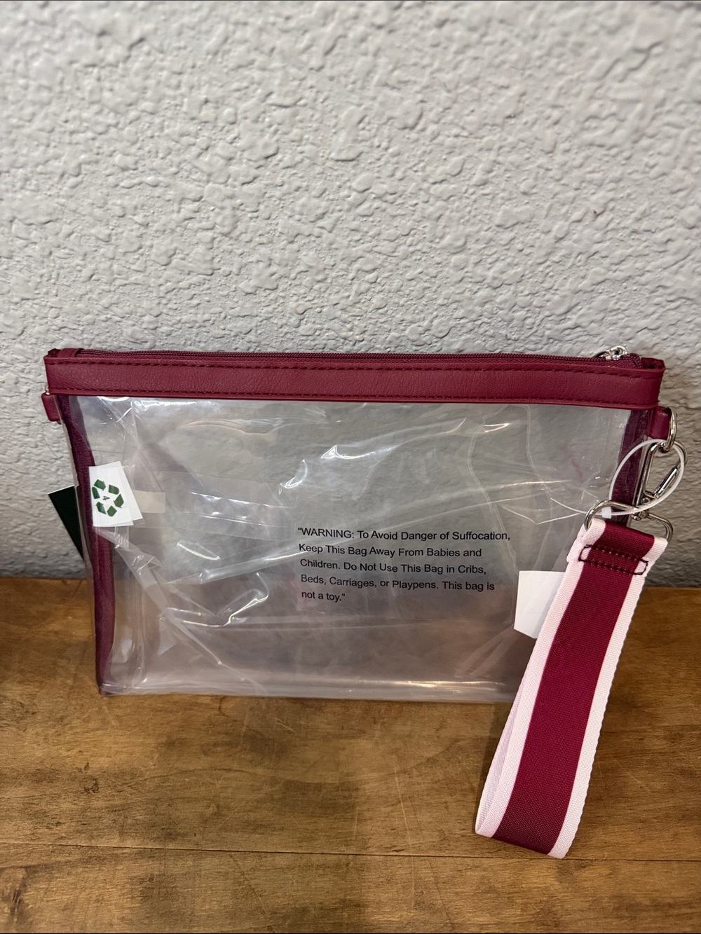Clear Wristlet Pouch with Burgundy Trim and Removable Strap game day NEW